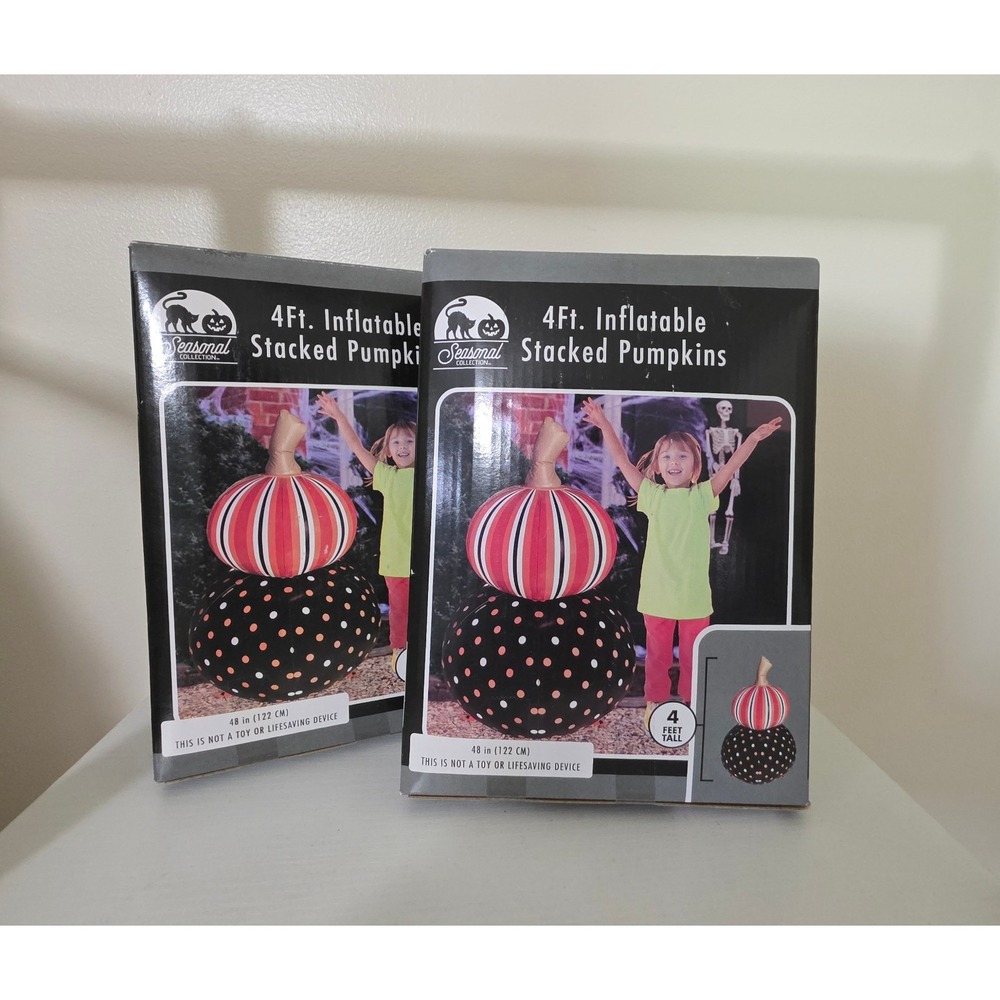 2 NIB Inflatable 4 Ft Stacked Fall Pumpkin Porch Home Decor Whimsical Dots Fun